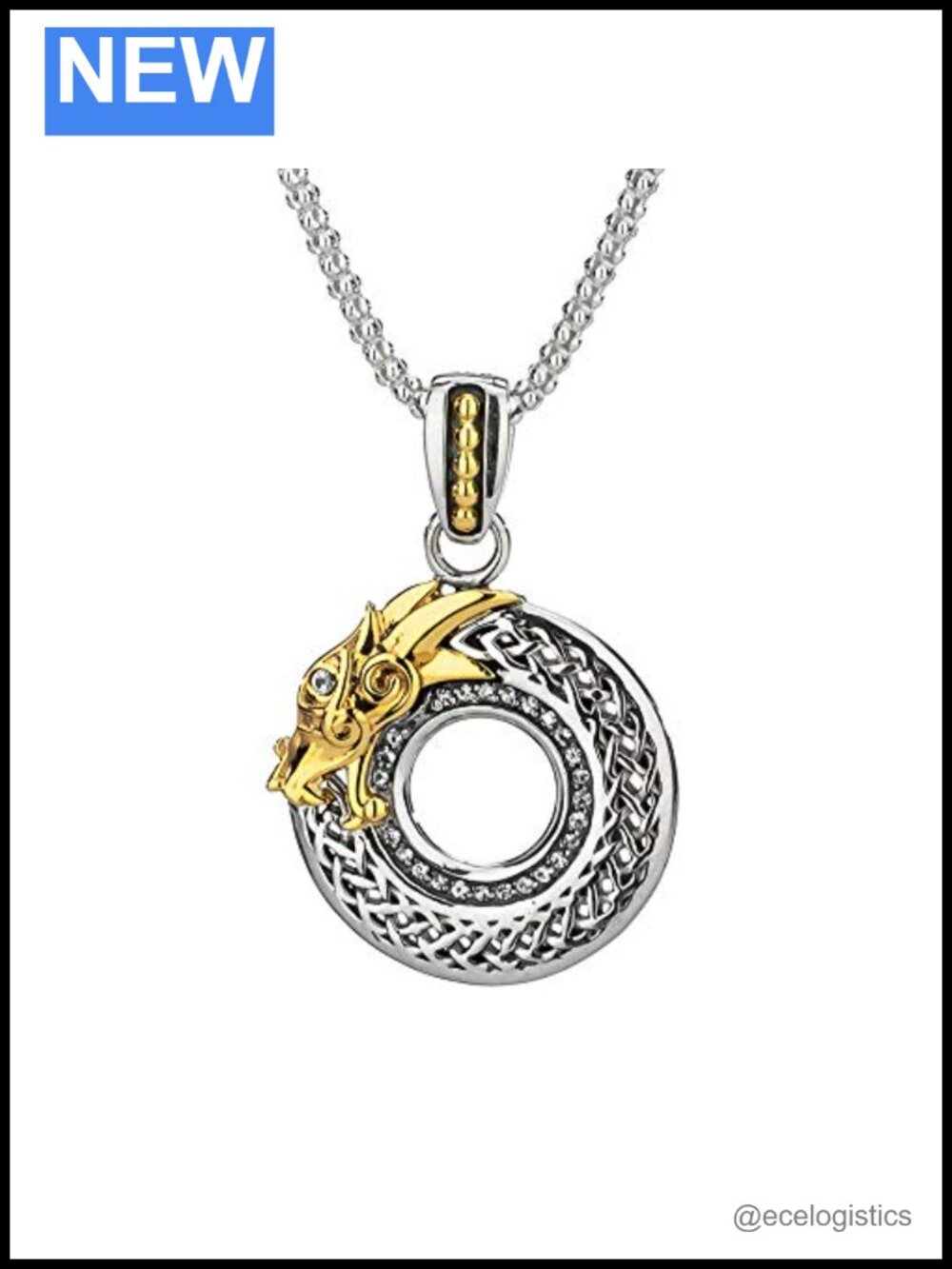 Dragon Necklace White Sapphires 925 Sterling Silver 10k Yellow Gold